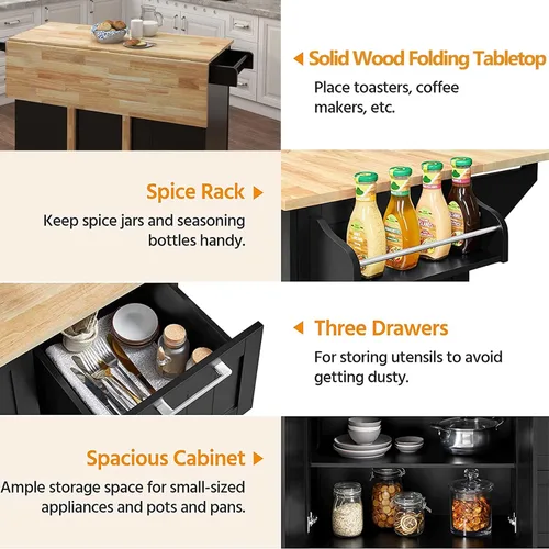 Vista 4 de Isla de cocina con mesa de madera de goma extensible, carrito de servicio móvil para microondas con estante de especias y asa, carrito grande