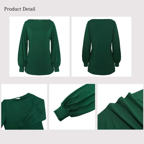 Vista 6 de MAKARTHY - Camisa de manga larga abombada con cuello tipo barco para mujer, camisa estilo túnica