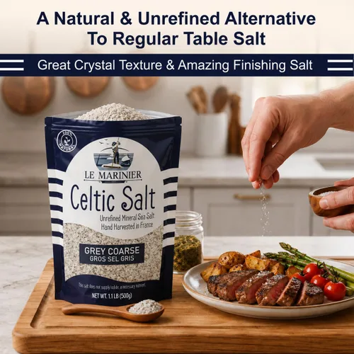 Vista 6 de Le Marinier Sal marina céltica orgánica gris gruesa, 1.1 lb - 18 oz. Sal marina francesa 100% natural y sin refinar rica en minerales orgánica. Sal