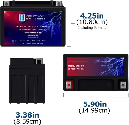 Vista 4 de Mighty Max Battery YTX9-BS - Batería de repuesto compatible con KTM 390 Duke 15-18 + cargador de 12 V de 2 amperios