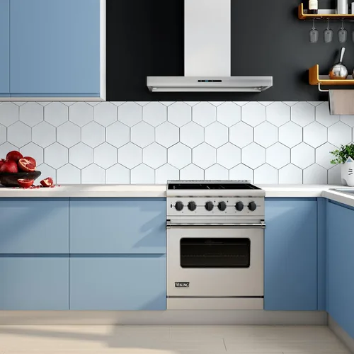 Vista 4 de Protector contra salpicaduras hexagonal blanco de despegar y pegar - Azulejo de pared de cerámica sintética, compuesto de aluminio tipo panal
