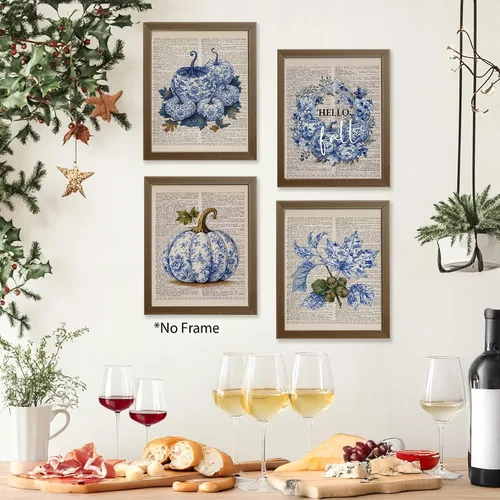 Vista 4 de AEHIE Chinoiserie Fall Pumpkin Wall Art Poster Prints Decor 4pcs 8x10 Blue and White Autumn Pumpkin Floral Maple Leaf Decorations Prints Wall Art