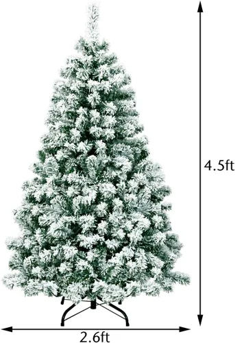 Vista 6 de Goplus - Árbol de Navidad artificial nevado de 4.5 pies, con nieve, flocado, con bisagras, preiluminado con 200 luces LED, 400 puntas de ramas