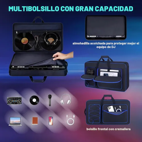 Vista 4 de Funda para controlador de DJ compatible con DDJ-FLX10/ 1000/ 1000SRT/ DDJ-GRV6/REV5/REV7, bolsa acolchada con correa ajustable para el hombro Azul