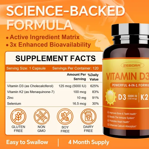 Vista 2 de ZEBORA Vitamina D3 K2 con zinc y selenio - 5000 UI de vitamina D3, 100 Mcg MK7 Vitamina K2 para una máxima absorción, apoya huesos, dientes