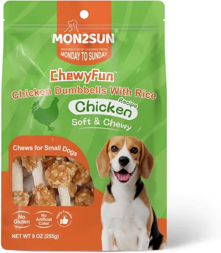 Vista 8 de MON2SUN Golosinas para perros, mini masticables de cuero crudo de 9 onzas, mancuernas de pollo con arroz para perros pequeños y razas de juguete