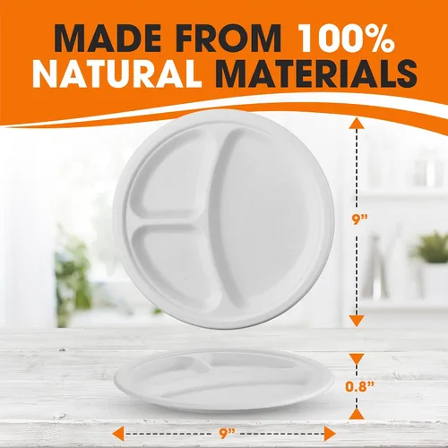 Vista 4 de Cheer Collection Platos de papel divididos compostables de 9 pulgadas, platos de papel 100% biodegradables de 3 secciones para alimentos calientes
