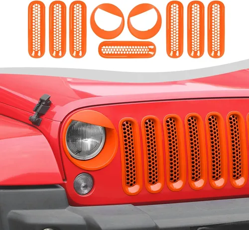 Vista 8 de Mesh Grille Grill Insert+ Headlight Turn Light Cover Trim Fit for 2007-2018 Jeep Wrangler JK JKU Style A(Red)