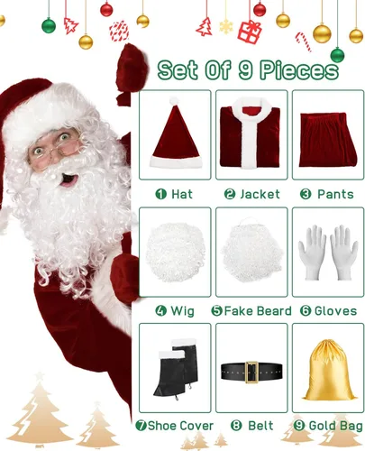 Vista 6 de SuBleer Disfraz de Papá Noel para hombre, disfraz de Santa Claus de lujo, traje de Papá Noel de terciopelo para adultos y hombres, traje de Santa