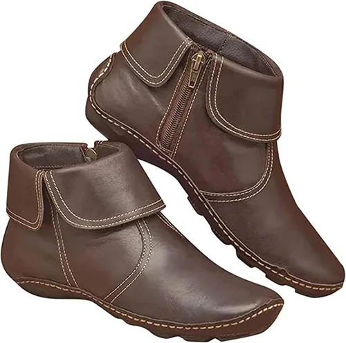 Vista 19 de Ladmiple Botas de tobillo para mujer, sin tacón, casual, con cremallera lateral, botas cortas vaqueras occidentales, zapatos para caminar