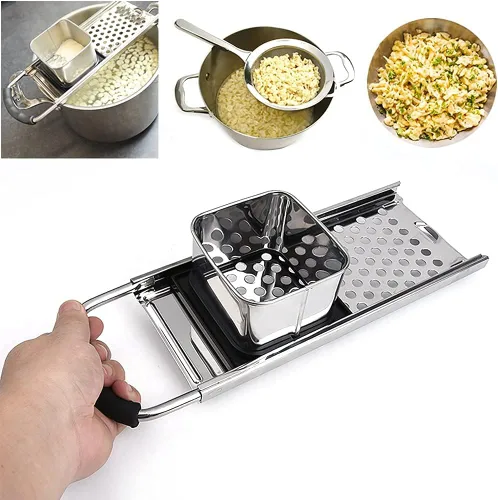 Vista 5 de Spaetzle Maker - Herramienta de fabricación de bolas de masa de fideos caseros de acero inoxidable con empujador de seguridad y mango de goma cómodo