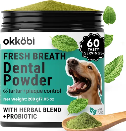 Vista 10 de Polvo de limpieza de dientes de perro, ambientador de aliento de perro + cuidado dental para perros y gatos + removedor de sarro para dientes