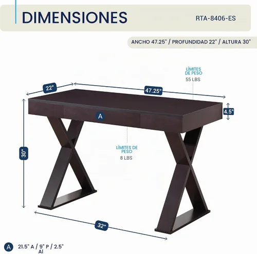 Vista 3 de Techni Mobili Escritorio moderno de 47 pulgadas con cajón, oficina en casa