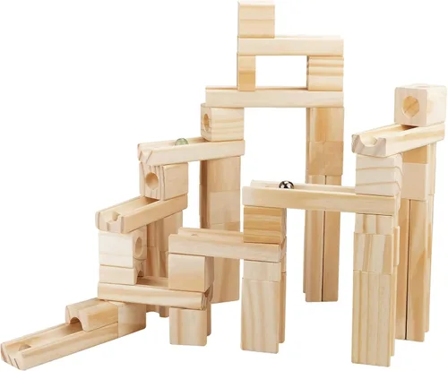Vista 2 de Carrera de mármol de madera para niños de 4 a 8 años, 60 piezas de bloques de construcción de madera y juego de construcción, juego de laberinto