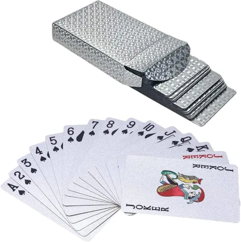 Vista 4 de Paquete de 2 cartas de póquer de diamantes de oro y plata, impermeables, de plástico dorado y plateado, altamente flexibles, 2 barajas de cartas