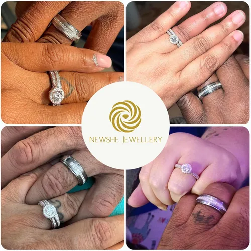 Vista 3 de Newshe Jewellery Juego de anillos de boda para él y para ella, bandas de tungsteno AAAAA, circonita redonda, 3 quilates, plata de ley 925