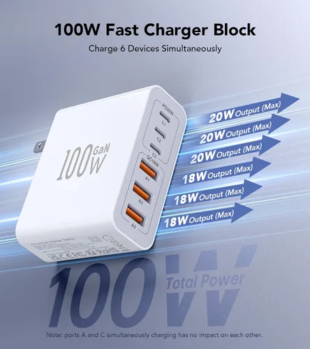 Vista 2 de Cargador de pared USB C, 100 W, 6 puertos PD rápido, bloque de carga USB C, 3USB C+3USB A, bloque de carga, adaptador de tira de alimentación tipo