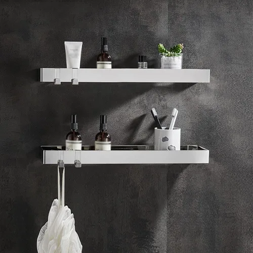 Vista 18 de Wallmounted Bathroom Shelf Floating Organizer with Hooks for Toiletries & Cosmetics 2Tier Black Rectangular Storage Rack for Shower & Kitchen