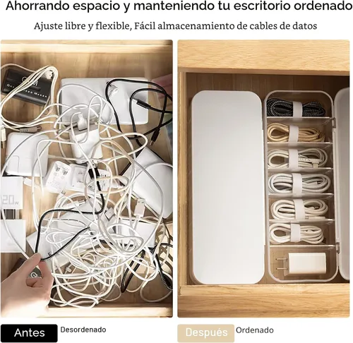 Vista 3 de PAVSTINE Organizador de Cables Caja de Almacenamiento con 7 bridas de alambre, caja de organización de cables de escritorio con tapa, organizador