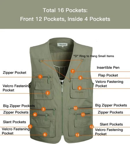Vista 2 de Chaleco Flygo para hombre, para pesca, trabajo, safari, viaje de reportajes o para actividades al aire libre en verano, con bolsillos