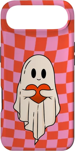 Vista 27 de Funda para iPhone 17 de San Valentín Retro Ghost Hugging Heart Checkerboard Rosa Rojo