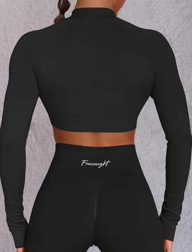Vista 2 de FRESOUGHT Camiseta corta de manga larga para mujer, sin costuras, atlética, ropa deportiva, para gimnasio, yoga, correr, cuello alto falso