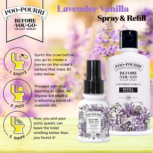 Vista 3 de Poo-Pourri Botella de repuesto de vainilla de lavanda de 9 onzas y botella recargable de 1.4 onzas y vainilla de lavanda