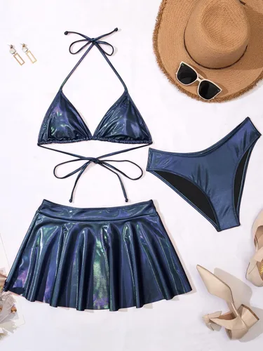 Vista 2 de Trajes de baño triangulares de 3 piezas para mujer, conjunto de bikini metálico, traje de baño con tanga con falda de playa, trajes sexys