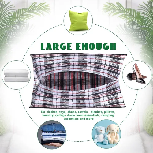 Vista 4 de Hoolerry 8 bolsas grandes de plástico para lavandería con cremallera de 82.5 L, bolsa de mudanza a cuadros resistente con asas para empacar ropa