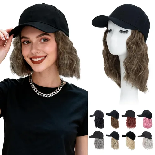 Vista 38 de Hairro Peluca de gorra de béisbol con cabello adjunto, corto estilo Bob ajustable, extensiones de cabello sintético para mujeres, balayage