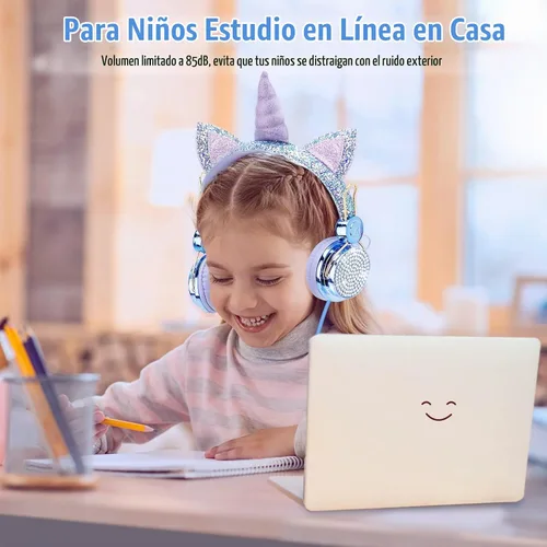 Vista 2 de TCJJ Unicorn - Auriculares con cable para niños con micrófono, conector de Azul