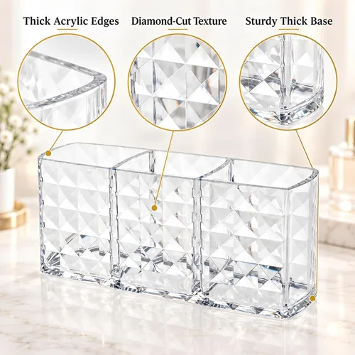 Vista 4 de MOSIKER Soporte para brochas de maquillaje para tocador, acrílico transparente, pequeño, compacto, delineador de labios, delineador de labios