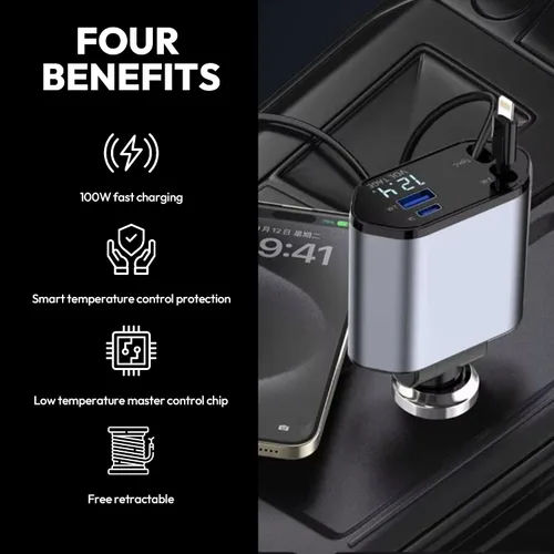 Vista 4 de Cargador retráctil para automóvil de 120 W, cable USB-C y Lightning 4 en 1, adaptador de carga rápida para iPhone 16/15/14, Samsung, Android, puerto