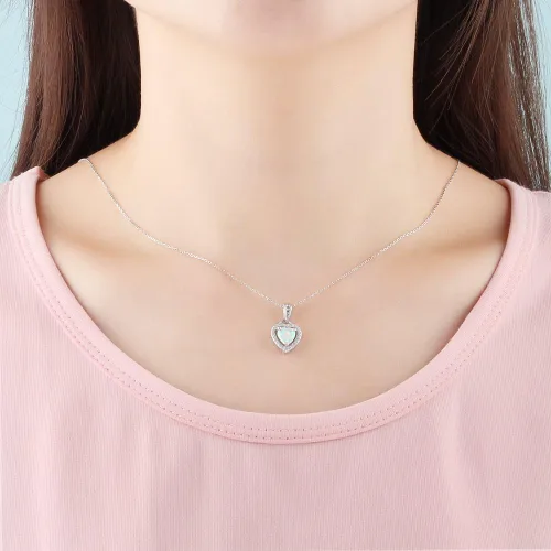 Vista 2 de Lam Sence Collar con colgante de ópalo creado en forma de corazón de plata esterlina (corazón de halo de ópalo de 0.236 in)
