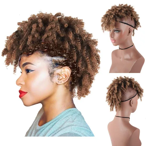 Vista 5 de Aisaide Cola de caballo afro Mohawk alta con flequillo sin cordón, extensión de cola de caballo corta rizada sin cordón, clip sintético en moño