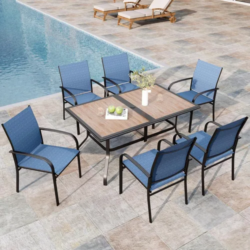 Vista 29 de MIXPATIO - Juego de comedor de patio de 5 piezas, mesa cuadrada de metal de 37 pulgadas, 4 sillas de textileno