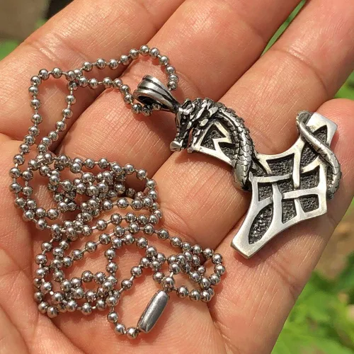 Vista 2 de OhDeal4U Mjölnir Celtic Norse Viking Jewelry Dragon Thor's Hammer Mjolnir Serpent Odin Asgard Thor Asatru Protection Amulet Pewter - Colgante