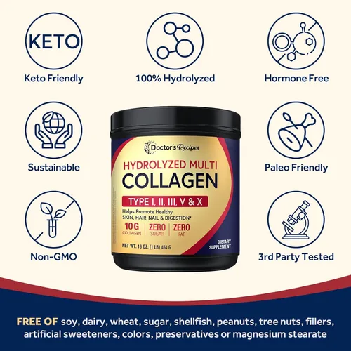 Vista 5 de Doctor's Recipes Polvo de péptidos de colágeno múltiple para mujeres y hombres, proteína hidrolizada bovina alimentada con pasto tipo I II III V X