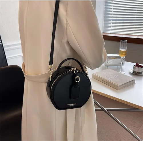 Vista 4 de Bolso redondo de cuero occidental para mujer, bolso redondo retro con asa superior con correa