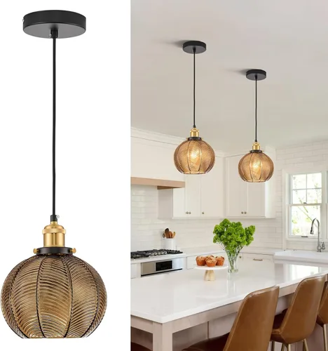 Vista 14 de Lámpara colgante vintage de 7.8 pulgadas, 2 luces, para fregadero de cocina, con vidrio soplado a mano verde, pequeña lámpara colgante para cocina