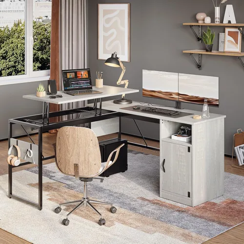 Vista 2 de Bestier Escritorio versátil de pie en forma de L de 60 pulgadas, escritorio Blanco desteñido