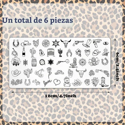 Vista 2 de Whaline Juego de 6 placas de estampado de uñas de guepardo y cerezas, arco de estrella de leopardo, cereza, placa de arte de uñas para bricolaje