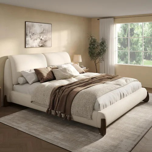 Vista 11 de Merax Cama de plataforma tapizada de tela Boucle tamaño Queen con dos cabeceras de almohada extraíbles, marco de cama de madera con patas redondas