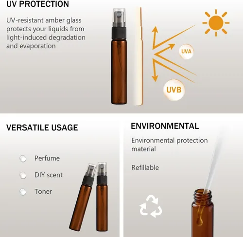 Vista 10 de Paquete de 25 botellas de perfume de viaje con atomizador a granel de 0.3 fl oz, botella vacía hidratante (ámbar)