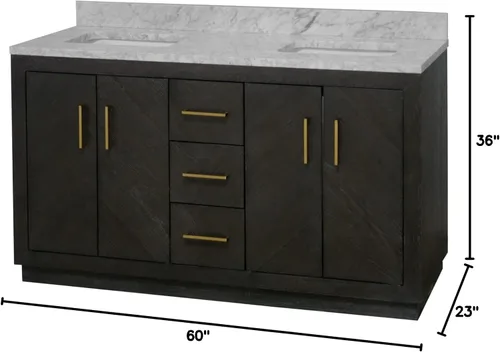 Vista 3 de Kitchen Bath Collection Peyton - Mueble de baño doble de 60 pulgadas (Carrara/roble oscuro): incluye gabinete de roble oscuro con impresionante
