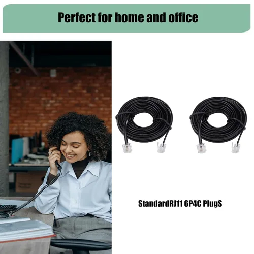 Vista 4 de Cable de extensión de teléfono de 20 pies con conectores RJ11 6P4C estándar para teléfono fijo (negro 6M, 2 unidades)