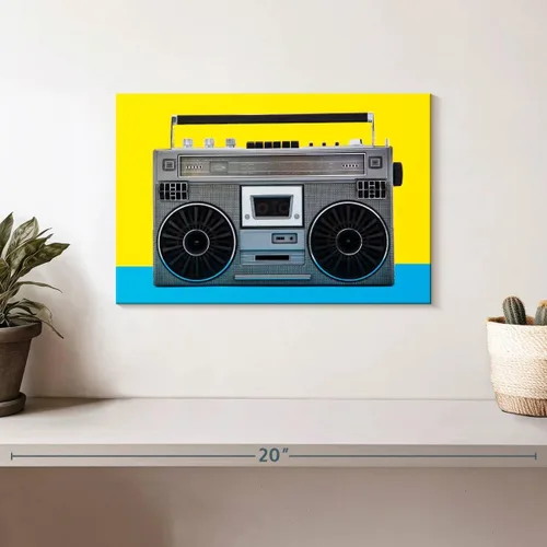 Vista 2 de ElephantStock - Retro Silver Boombox Wall Art - Horizontal Canvas Wall Art - Living Room Wall Decor - Photography Music Canvas Art - Yellow And