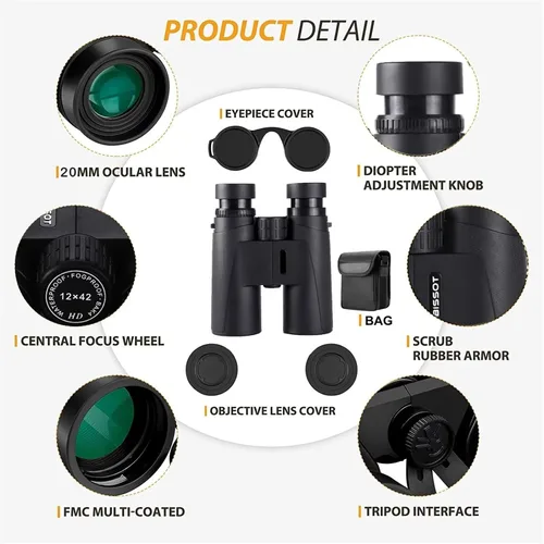 Vista 3 de Prismáticos de 12 x 42 para adultos, prismáticos HD de día y noche con lente BAK4 Prisma FMC para caza, observación de aves, concierto, etc. IPX7