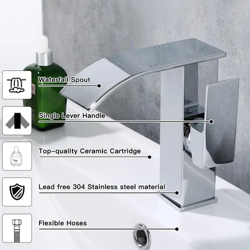 Vista 4 de Grifo cromado de baño con una sola manija de 1 agujero, lavabo de lavabo cascada con desbordamiento, desbordamiento, desagüe emergente, montaje