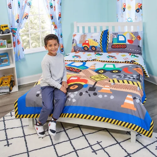 Vista 2 de EVERYDAY KIDS Edredón de cama tamaño individual/matrimonial para niños pequeños con camiones volquete y excavadoras; ropa de cama para niños
